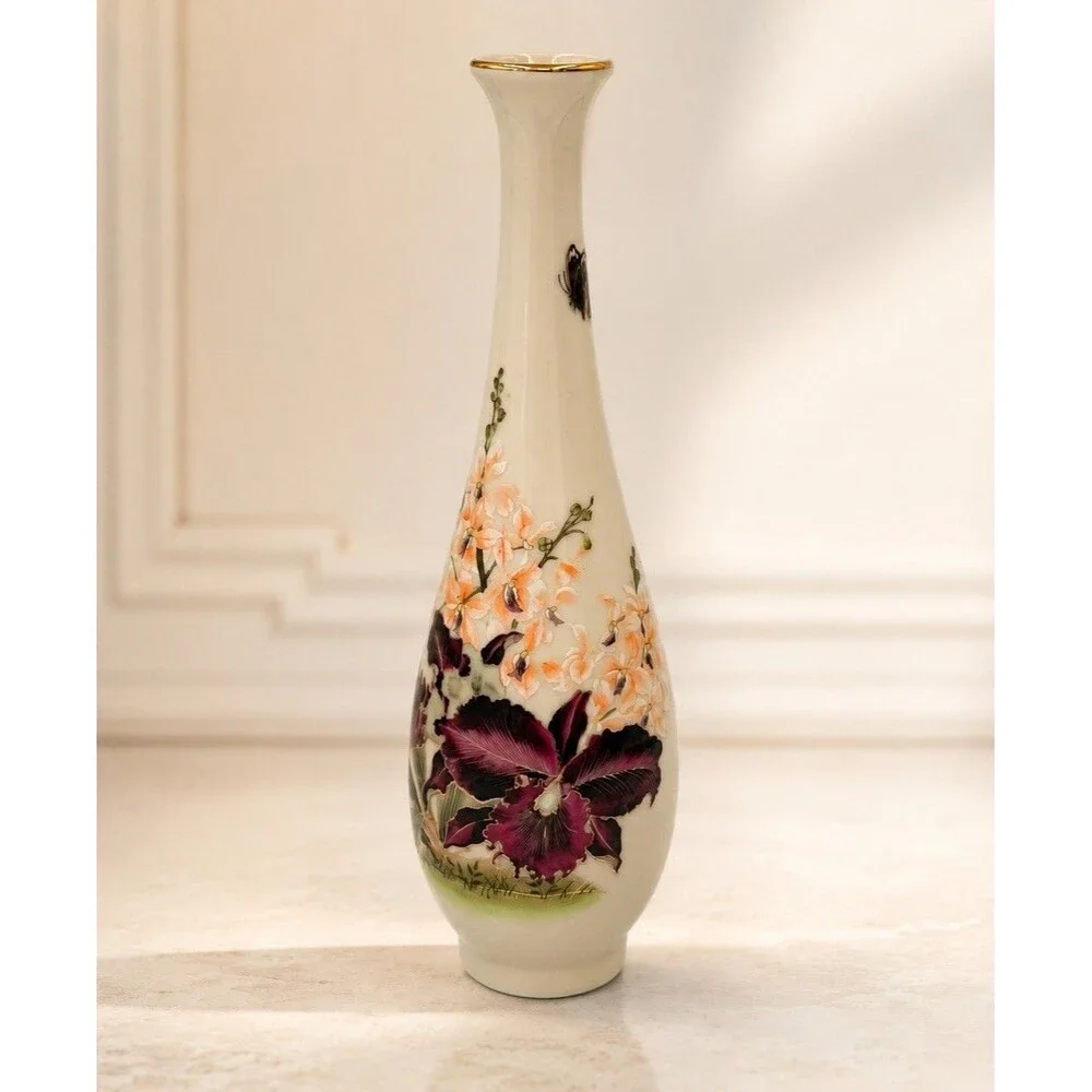 Toyo French Black Orchid 9” Bud Vase Magie Japan Butterfly Gold Trim Vintage